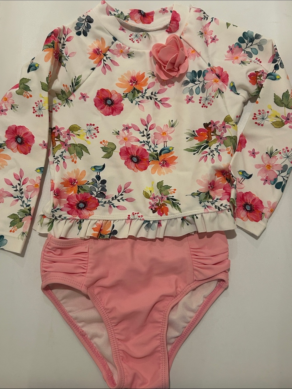 Little Me Floral Pink Long-Sleeve Rash Guard Swim Set